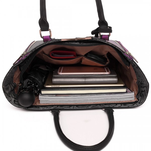 LT6624 - Miss Lulu Panelled Stripe Design Tote Handbag Purple